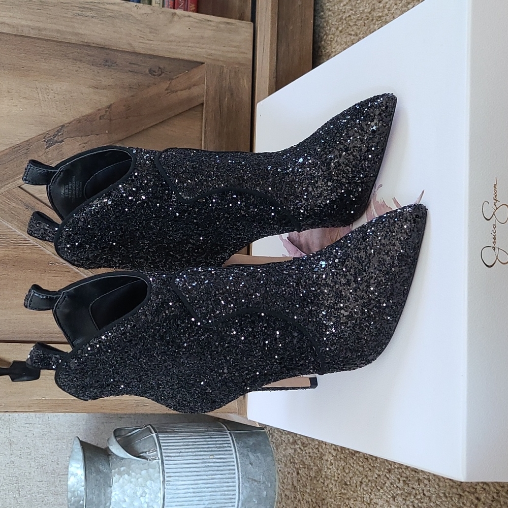 Jessica Simpson size 5.5 pixillez chunky black glitter booties